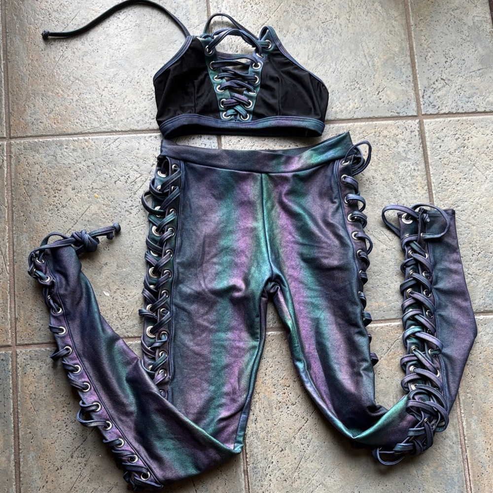 Rave Stylish Iridescent Lace-Up Pants with crop top. Size s J.  Valentine